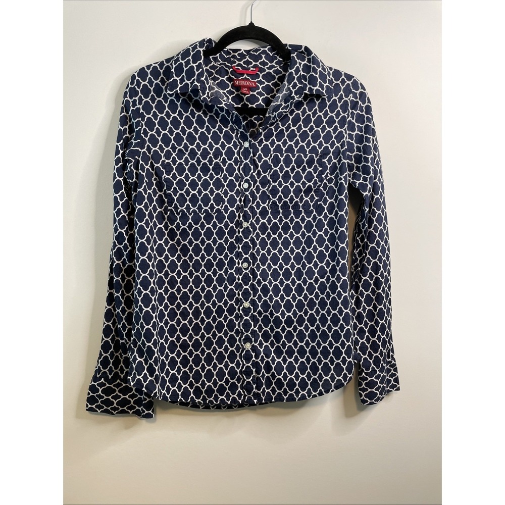 Merona Small Navy White Geometric‎ Button Down Shirt 100% Cotton Blouse